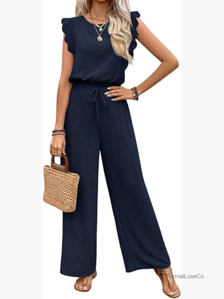 Women 2 Piece Summer Outfits Dressy Ruffle Top Wide Leg Pants Matching Set